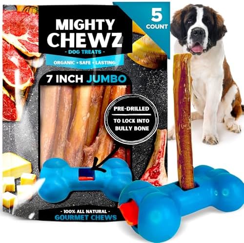 7" Jumbo Bully Sticks (5 Pack) with Bully Stick Safety Device - No Choking/All Natural Pizzle Sticks and Bully Stick Holder