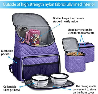 BAGLHER Dog Travel Bag Airline Approved Pet Supplies Backpack, Dog Travel Backpack with 2 Silicone Collapsible Bowls and 2 Food Baskets Purple