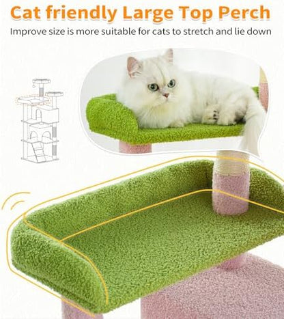 Made4Pets Cat Tree Tower 56" Cat Tower for Indoor Cats Kitten Tree Multi-Level Cat Tree with 2 Condo Furniture Activity Center with Scratching Posts Funny Toys (Pink Flower Green)