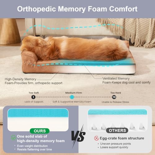 Rainmr Microsuede Dog Bed Orthopedic Washable - Small Medium XLarge Dogs - Memory Foam Couch Sofa with Waterproof Removable Cover, 30x20 Inches, Khaki
