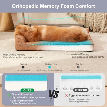 Rainmr Microsuede Dog Bed Orthopedic Washable - Small Medium XLarge Dogs - Memory Foam Couch Sofa with Waterproof Removable Cover, 41x27 Inches, Khaki