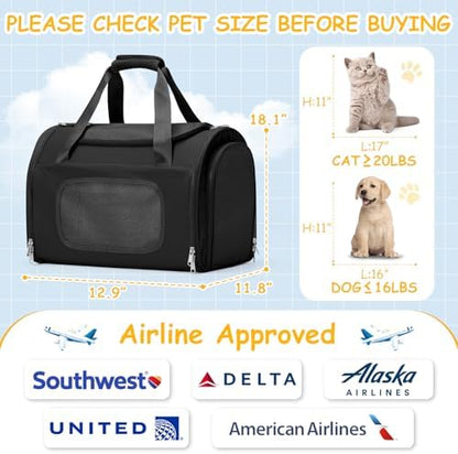Cat Carrier Soft, Pet Dog Carrier Soft-Sided Airline Approved,Black