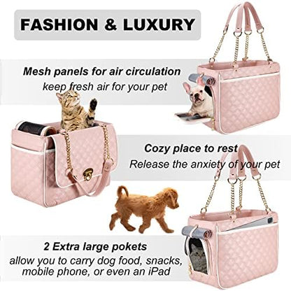 Fashion Dog Purse Carrier for Small Dogs with 2 Super-Large Pockets, Holds Up to 10lbs PU Leather Pet, Cat Carrier, Airline Approved Puppy Purse for Travel (Pink, Small Size)