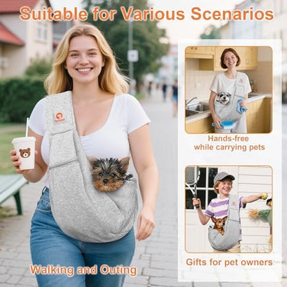 Tomkas Small Dog Cat Sling Carrier Puppy Purse Travel Wrap Soft Crossbody Pet Bag (Grey, M - Zip Pocket & Classic Strap)
