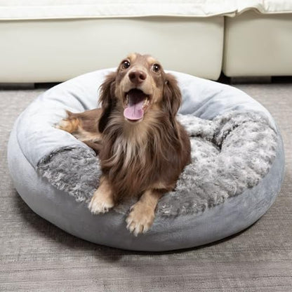 Cave Dog Bed with Blanket Easy to Assemble Donut Round Plush Cozy Cat Pet Bed for Puppy Machine Washable Removable Cover Cat Anti-Slip Bottom Gray 26X26X8 inch