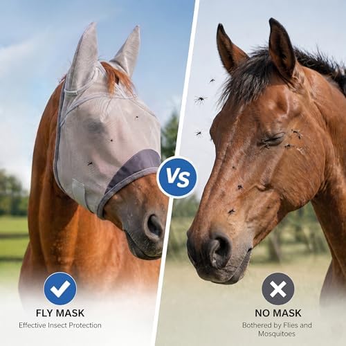 Horse Fly Mask, Super Comfort Fly Masks for Horses, Adjustable UV Protection Breathability Horses Fly Masks with Ears, Pony Mini Equine Fly Mask for Miniature Foal Draft Cob Srabian Full (Gray, S)