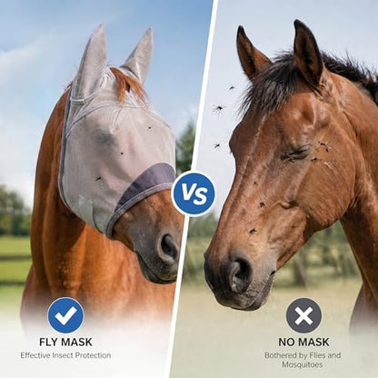 Horse Fly Mask, Super Comfort Fly Masks for Horses, Adjustable UV Protection Breathability Horses Fly Masks with Ears, Pony Mini Equine Fly Mask for Miniature Foal Draft Cob Srabian Full (Gray, S)
