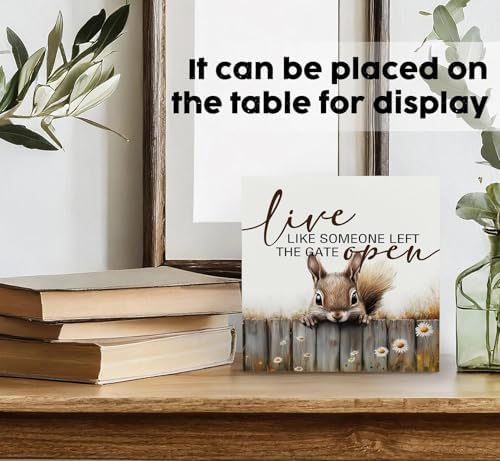 Squirrel Sign - Squirrel Gifts For Women, Live Like Someone Left The Gate Open Wooden Box Signs, Farmhouse Wood Decoration Home Decor For Desk Table Shelf 8x8 Inch Decorative Signs & Plaques