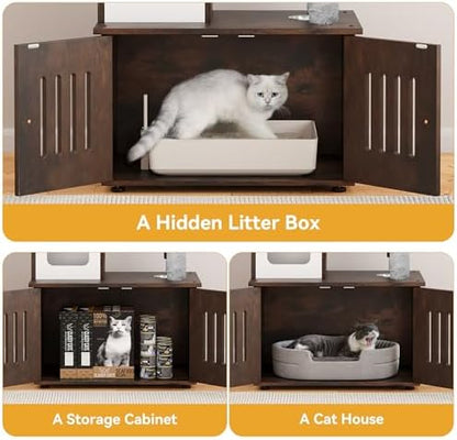YITAHOME Cat Tree with Litter Box Enclosure, 2-in-1 Cat Furniture, Modern Cat Condo with Cat House, Perch, Food Station, Hammocks, Scratch Post, Hair Brush, 59 Inch, Rustic Brown