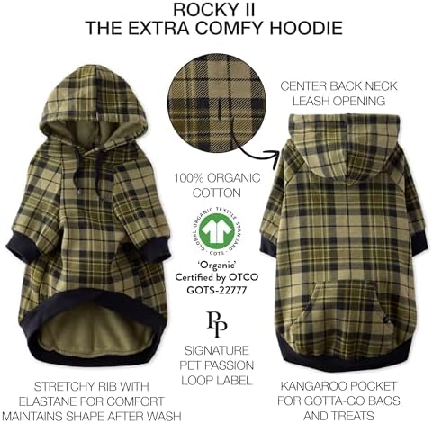 Pet Passion Rocky II Dog Hoodie, Olive Chesterfield Plaid, Small