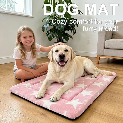 Dog Bed Mat – Soft & Comfortable Dog Kennel Pad for Crate – Durable Crate Bed & Mat for Dogs & Cats – Ideal for Crate, Kennel, and Home Use (Big&Little Stars Pink, L(35"*23"*1.5"))