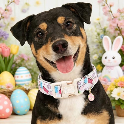Dog Collars, Easter Colorful Rabbit Print Pet Collar Holiday Cute Durable Adjustable Pendant Gift Collar with Quick Release Plastic Buckle for Large Dogs