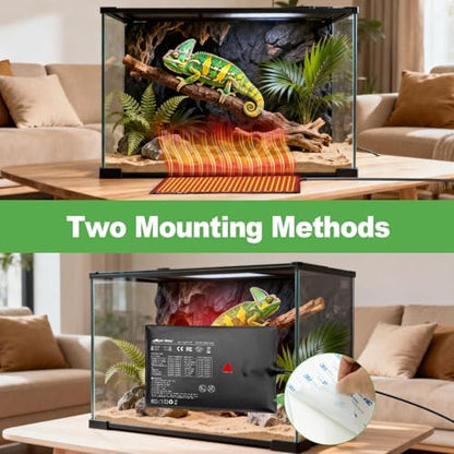 Reptile Heating Pad with Internal Sensor&Thermostat, 8" x 18" 24W Under Tank Heater Mat for 10-40 Gallon Tanks, IP67 Waterproof Safe Heat for Turtles, Bearded Dragons, Snakes, Lizards and Seedling