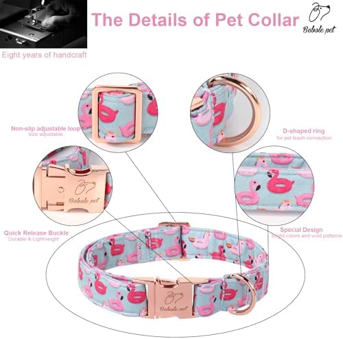 Adjustable Summer Dog Collar - Cute Pink Flamingo Dog Collars for Medium Dogs, Durable Boy Girl Dogs Heavy Duty Metal Buckle Collar M