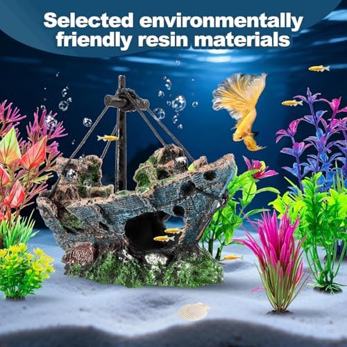 8Pcs Fish Tank Decorations Set Sunken Ship Decoration,Resin Material Fish Tank Accessories Accessories for Natural Look, Aquarium Shipwreck x 1pc, Aquatic Plants x 7pcs