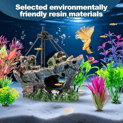 8Pcs Fish Tank Decorations Set Sunken Ship Decoration,Resin Material Fish Tank Accessories Accessories for Natural Look, Aquarium Shipwreck x 1pc, Aquatic Plants x 7pcs
