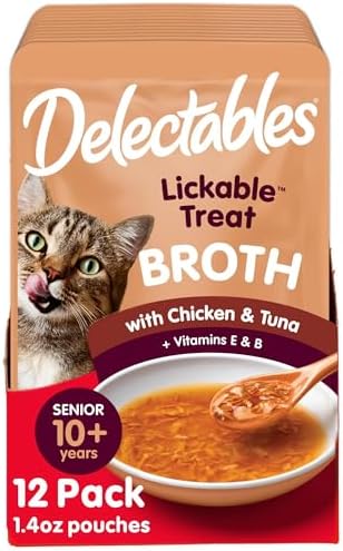 Delectables Lickable Treat Savory Broth Senior 10+ Wet Cat Treats with Real Chicken & Tuna, Food Topper, Hydrating, Grain-Free, No Fillers, No By-Product, No Added Preservatives, 1.4oz Pouch, 12ct