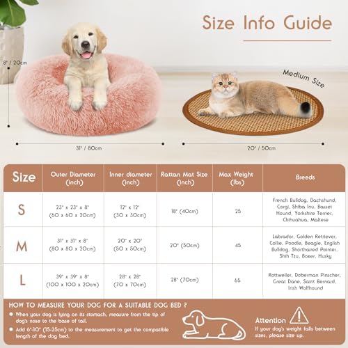 Calming Donut Dog Bed Medium Size Removable Cover + 2 PCS Cooling Rattan Pet Mat, Fluffy Comfort Anti-Anxiety Washable Round Pets Bed with Double-Sided Cool Pad for Medium Dogs/Cat, 31" Pink
