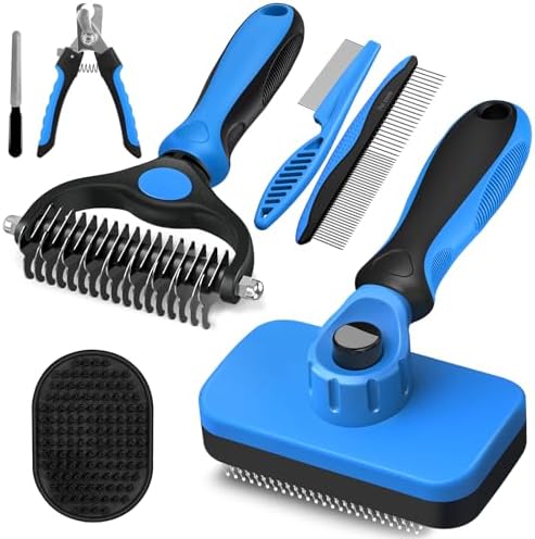 Professional 7 in 1 Pet Grooming kit I Dog Brush & Cat Brush I Dog&Cat Comb I Dog&Cat Nail Clipper/Trimmers with Nail File I Dog Bath Brush I Dog&Cat Flea Comb I Pet Supplies(Deep Blue)