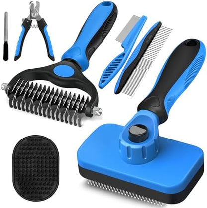 Professional 7 in 1 Pet Grooming kit I Dog Brush & Cat Brush I Dog&Cat Comb I Dog&Cat Nail Clipper/Trimmers with Nail File I Dog Bath Brush I Dog&Cat Flea Comb I Pet Supplies(Deep Blue)