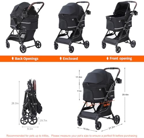 Dog Stroller with No-Zip Buckle Canopy, fits 2 Small Cats or 1 Medium pet,44 lbs Capacity One-Hand Fold,Lockable Front Wheels, Rear Brake