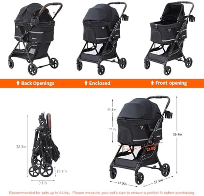 Dog Stroller with No-Zip Buckle Canopy, fits 2 Small Cats or 1 Medium pet,44 lbs Capacity One-Hand Fold,Lockable Front Wheels, Rear Brake