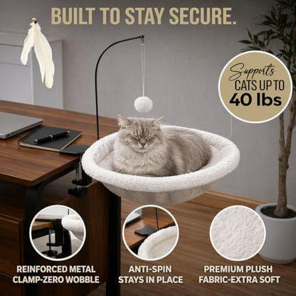 Cat Desk Bed for Home Office – Sunken Clamp-On Cat Hammock Holds 40 lbs | Fits Desks 0.8-2.4", 14" Washable Nest, Non-Slip Heavy-Duty Mount, Space-Saving Cat Perch for Remote Workers