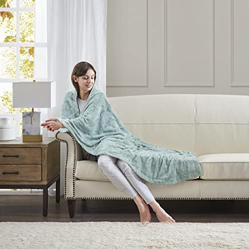 Madison Park Zuri Faux Fur Reversible Throw Blanket, 50 x 60 in, Aqua