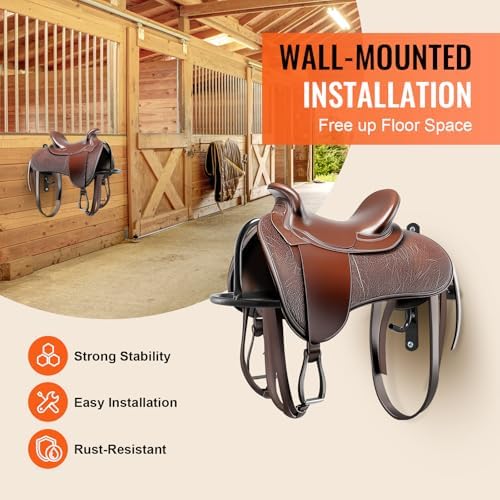 VEVOR Wall Mount Saddle Rack, 27.3 x 16.3 x 12.5 in, 8 Packs Horse Saddle Rack with Pad Bar, Portable Saddle Stand for English & Western Saddle, Horse Tack Storage for Equestrian Garden, Black