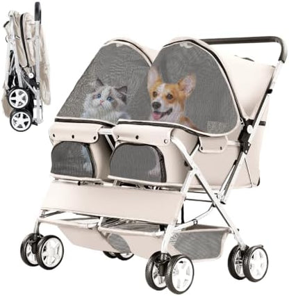 Double Pet Stroller for 2 Dogs & Cats, Side-by-Side, Gray