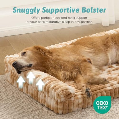 COZY KISS Faux Rabbit Fur Large Dog Bed – 44"x32" Orthopedic Foam Couch with Sides, Removable Washable Cover & Waterproof Lining, Tie-Dye Brown