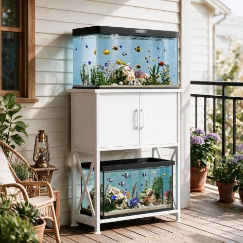 Herture 5-10 Gallon Fish Tank Stand, Metal Double Aquarium Stand with Cabinet for Fish Tank Accessories Storage, Heavy Duty 20.5" L* 11.02" W Tabletop, 500LBS Capacity White PG06YGW