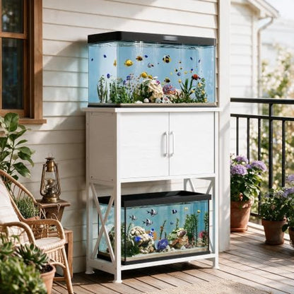 Herture 5-10 Gallon Fish Tank Stand, Metal Double Aquarium Stand with Cabinet for Fish Tank Accessories Storage, Heavy Duty 20.5" L* 11.02" W Tabletop, 500LBS Capacity White PG06YGW