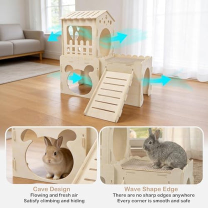 Extra Large Rabbit Castle, Wooden Bunny House & ,Detachable Rabbit Hideaway, Indoor Hamster Castle with Ramp, Small Animal Houses & Habitats for Guinea Pig Chinchilla Ferret(3 House with Sisal Mat)
