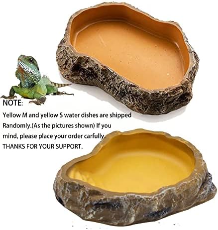 Reptile Water Dish, Resin Rock Food Feeder Bowl, M, Yellow
