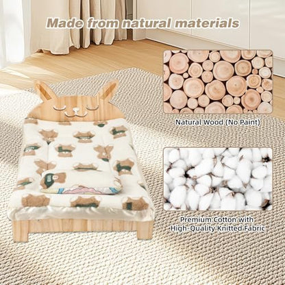Large Wooden Bunny Bed, 2-in-1 Rabbit Bed with Pillow and Mat