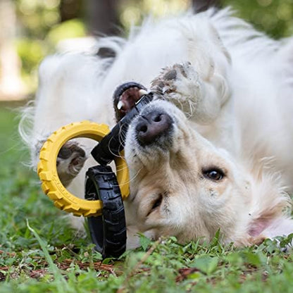 Tonka 3-Ring Tug Outdoor Dog Toy, 10.5 Inch Ring Dog Tug Toy for Medium and Large Breeds, Black/Yellow