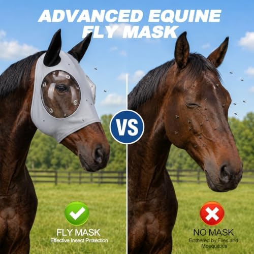 Horse Fly Mask with Ears - 2PCs Ice Silk Cooling Fabric for Summer, Upgraded Anti-Fog & UV Blocking Ski-Grade Eye Mesh, Breathable Mosquito Insect Sun Mask for Horses (2)