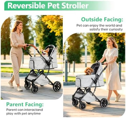 Pet Stroller for Small/Medium Dogs & Cats Up to 50 lbs, 4-Wheel One-Click Foldable Pet Stroller with Reversible Handle, Removable Pad, Cup Holder and Storage Basket (Grey)