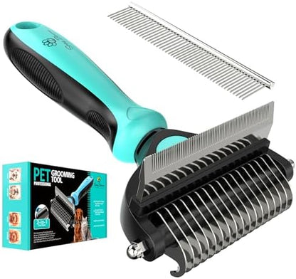 Spring Blossoms-2 in 1 Professional Grooming Rake for Cats & Dogs-Dematting Comb for Easy Mats & Tangles Removing,Pet Brush Safe No More Nasty Shedding and Flying Hair (Cyan)