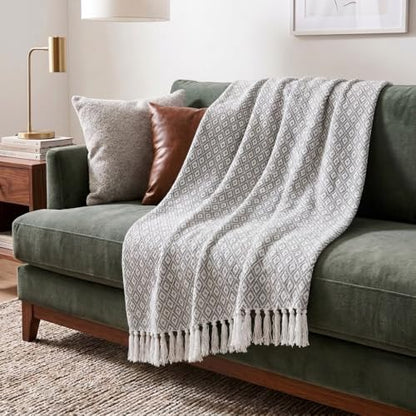 Americanflat 50x60 Throw Blanket - Soft and Breathable Cotton Throw Blanket for Couch, Bed, Chair - Decorative Blankets Perfect for Home or Outdoor Use - Cloud Grey and White Mini Diamond Design