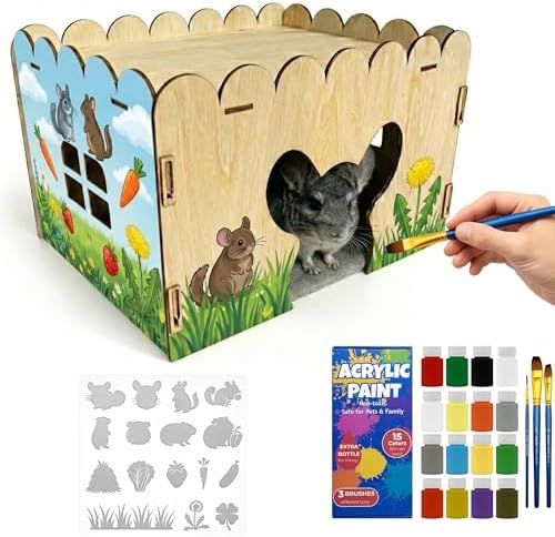 OtterPets Chinchilla House with DIY Paint Kit and Fleece Mat, Wood Hideout