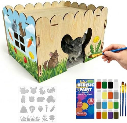 OtterPets Chinchilla House with DIY Paint Kit and Fleece Mat, Wood Hideout