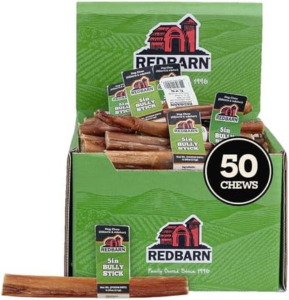 Redbarn 5 inch Bully Sticks 50-Count Pack - Long Lasting Natural Dog Chews for Large and Medium Dogs, Rawhide Free Dental Treats, All Natural Protein Rich Beef Bones
