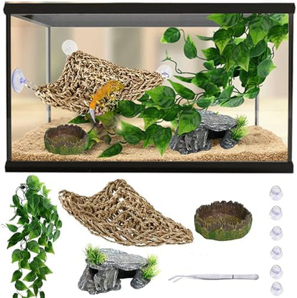 5-in-1 Leopard Gecko Tank Starter Kit, Hide Cave, Seagrass Hammock, Climbing Vine, Tweezers & Dish - 10-20 Gal | Fits Leopard/Crested Geckos, Harmit Crabs, Juvenile Tortoises (Tank Not Included)