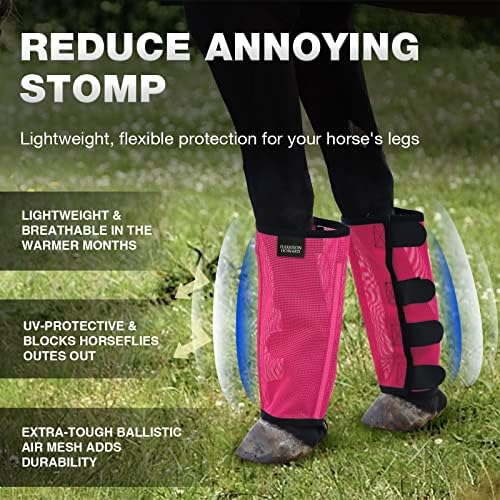 Harrison Howard Loose Fitting Fly Boots UV-Protective Extra Tough Mesh Ventilated Four Fasteners Stay-on Design Protect Horse Legs & Stomp-Reducing Set of 4 Magenta Mini