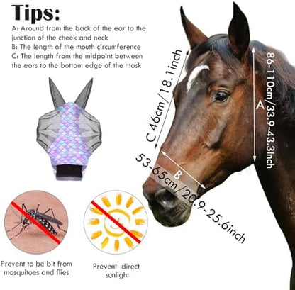 Weewooday 2 Pieces Horse Fly Masks for Horses Soft Fly Masks for Ears Smooth and Elasticity Mask with UV Protection(Mermaid,L)
