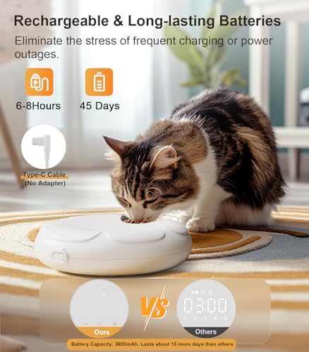 Casfuy Automatic Cat Feeder Cordless - Automatic Cat Food Dispenser for Wet Moist Food with 4 Ice Packs Rechargeable Auto Feeder for Cats Small Dogs with Programmable Timer Low Battery Indicator