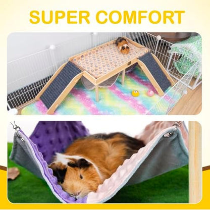 BESNEW Enlarged Guinea Pig Hammock with Platform and Stairs,Wooden Foldable Piggies Hideout for Guinea Pigs Bunny Ferret Hamster Hiding Sleeping Activities 24L x 12W x 11H in（Double）