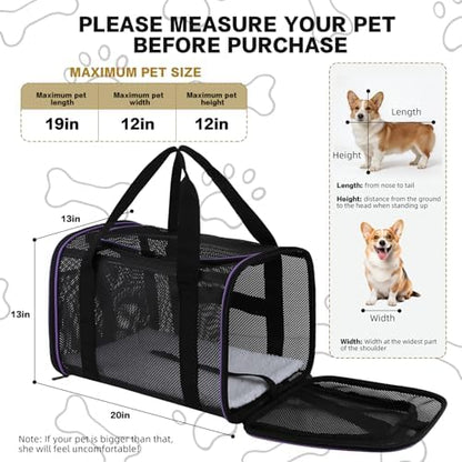 Cat Carrier, Soft-Sided Pet Carrier Bag, Breathable Mesh, Black (Purple, 20 * 13 * 13)
